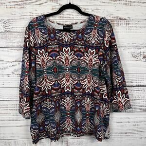 Womens NWT Alfred Dunner Black Boho Print 3/4 Sleeve Knit Top Cotton Stretch L